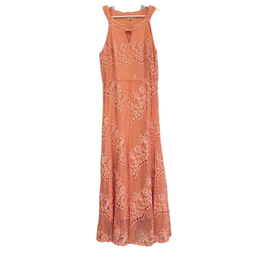 Reba Maxi Dress Womens Size Medium Peach Orange‎ Lace Overlay Halter Top A-Line
